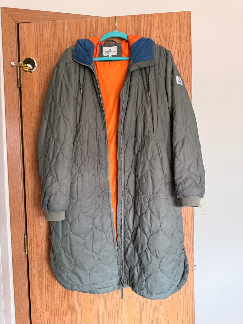 Passenger Olive Long Quilted Puffer Coat with Orange Lining